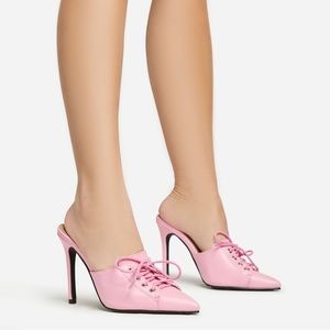 SPORTY-SPICE LACE UP DETAIL POINTED TOE STILETTO HEEL MULE IN PINK FAUX LEATHER